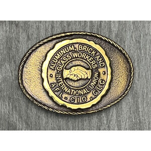 Vintage Aluminum Brick Glass Workers Union Belt Buckle Gold Tone USA AFL CIO